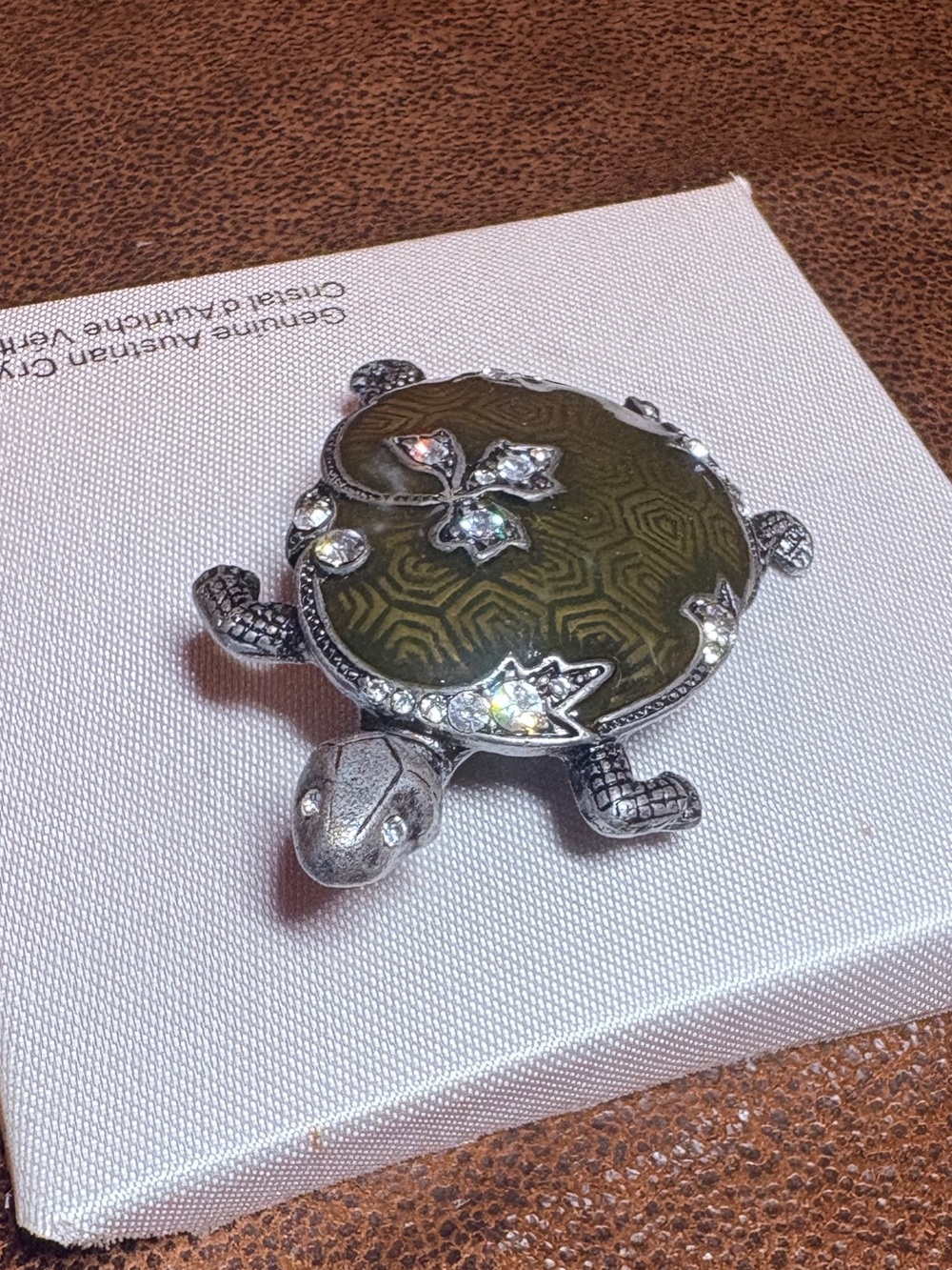 Turtle Pin Brooch - Olive Green & Silver